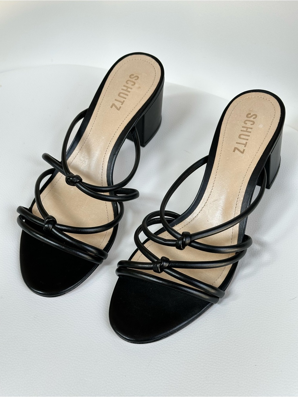 SCHUTZ Princey Black Knotted Strappy Block Heel Sandals Women’s Size 8.5 B